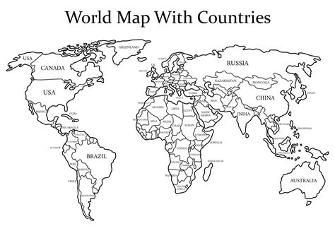 Black and White World Map with Countries | World map printable, World map outline, World map ...