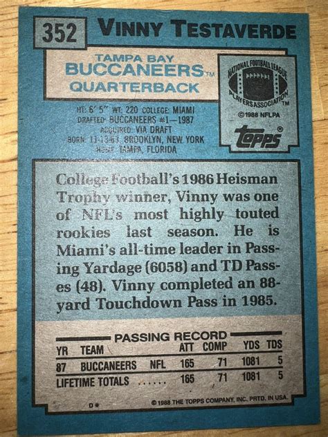 1988 VINNY TESTAVERDE TOPPS ROOKIE CARD. Buccaneers. #352.Mint. | eBay