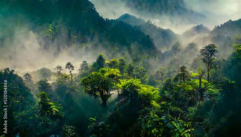 Exotic foggy forest. Jungle panorama, forest oasis. Foggy dark forest ...