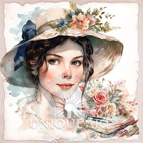 a painting of a woman wearing a hat with flowers on her head and holding a book