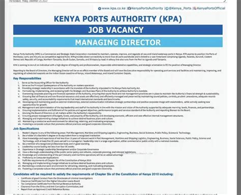 Kenya ports authority announces Managing director job vacancy; How to apply | Darubini News