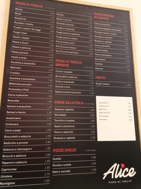 Menu at Alice Pizza pizzeria, Rome, Corso Vittorio Emanuele II