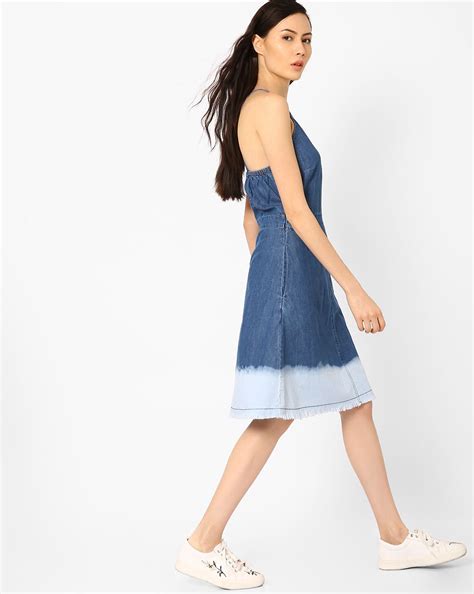 Buy Blue AJIO Fit & Flare Denim Dress | AJIO | Flared denim dress ...