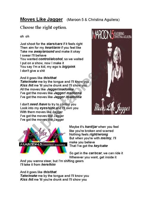 song "moves like Jagger" by Maroon 5 - ESL worksheet by inglesito