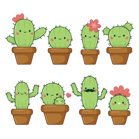 Collection of cute cactus plant with happy face. Kawaii cartoon ...