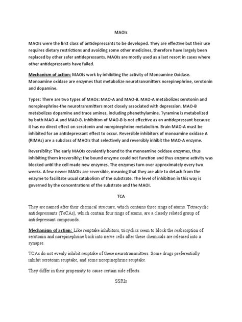 Mechanism of Action: Maois Work by Inhibiting The Activity of Monoamine Oxidase | PDF ...