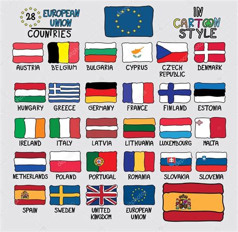 28 Banderas de los países de la Unión Europea en estilo de dibujos ...