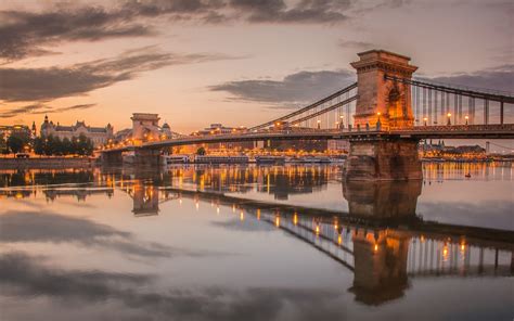 Wallpaper Hungary, Budapest, chain bridge, Danube, river, dusk, lights ...