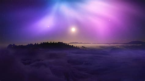 Mountain With Clouds In Background Of Blue And Purple Sky With Stars During Nighttime HD Nature ...