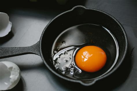 Raw broken egg in frying pan placed on table · Free Stock Photo