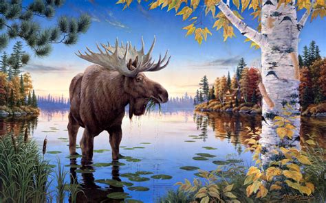 moose, Art, Mark, Daehlin, Painting, Nature, Lakes, Water, Reflection, Shore, Trees, Forest, Sky ...