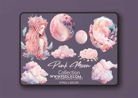 Watercolor Pink Moon PNG Clipart Pack