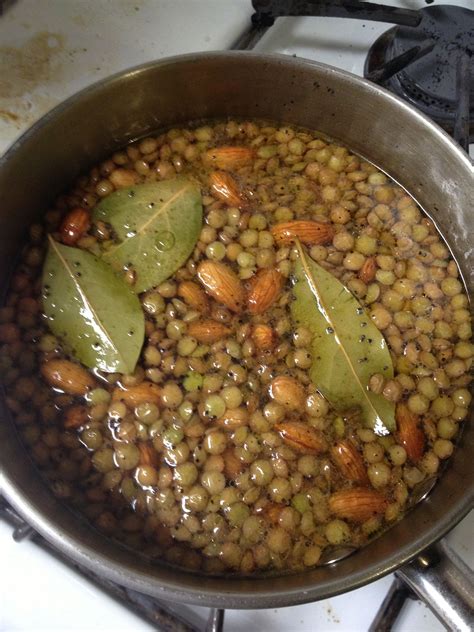 Lentils and boiled almonds. 1 cup lentils 1/2 cup almonds 6 cups water 3 small bay leaves 3 Tbsp ...