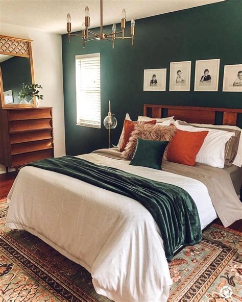 Green Walls, master bedroom, midcentury dresser, white bedding, orange and green... | 1000 ...