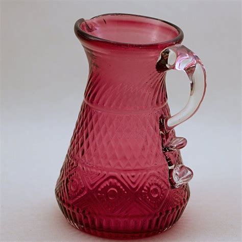 PILGRIM CRANBERRY GLASS Bennington Pattern Pitcher with Applied Clear Handle Circa 1970s ...