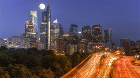 Wallpaper Philadelphia, city, night, skyscrapers, moon, light lines, USA 1920x1200 HD Picture, Image