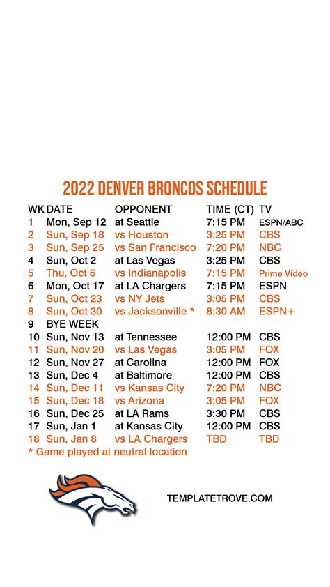 2022-2023 Denver Broncos Lock Screen Schedule for iPhone 6-7-8 Plus