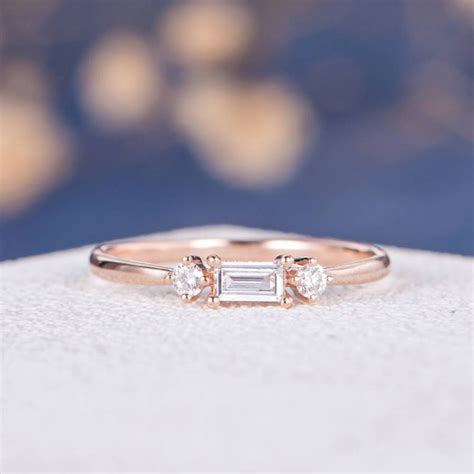 Baguette Diamond Ring Rose Gold Wedding Band Women Minimalist Engagement Ring Stacking Three ...