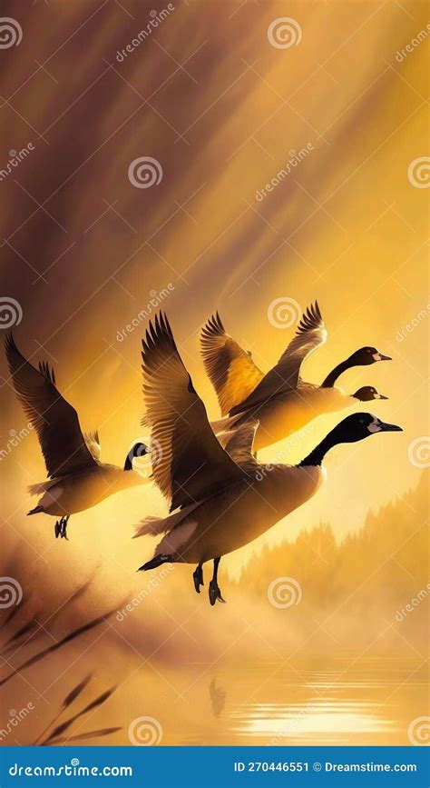 A Painting of Three Ducks Flying Over a Lake at Sunset. Generative Ai Stock Illustration ...