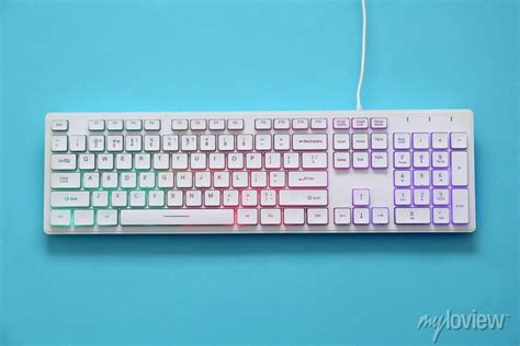 Modern rgb keyboard on turquoise background, top view posters for the wall • posters plastic ...