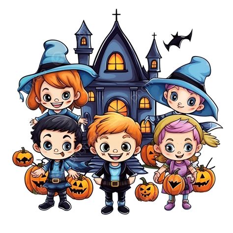 Halloween Boys Kids Cartoons With Costumes In Front Of Houses Design, Holiday And Scary Theme ...