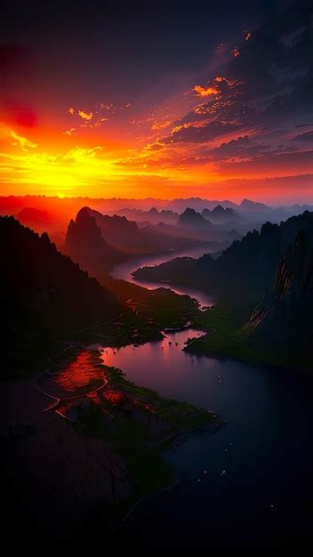 Premium AI Image | A sunset over a river with a mountain in the background