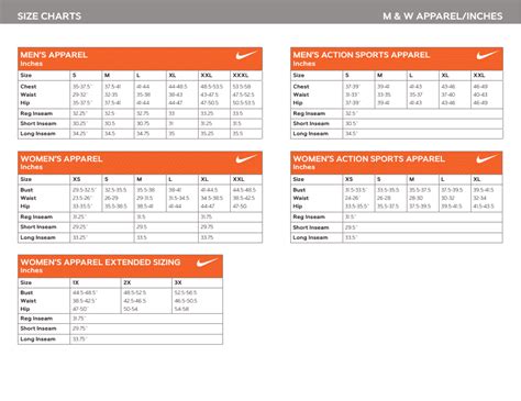 M & W Apparel Size Chart in Inches - Nike Download Printable PDF | Templateroller