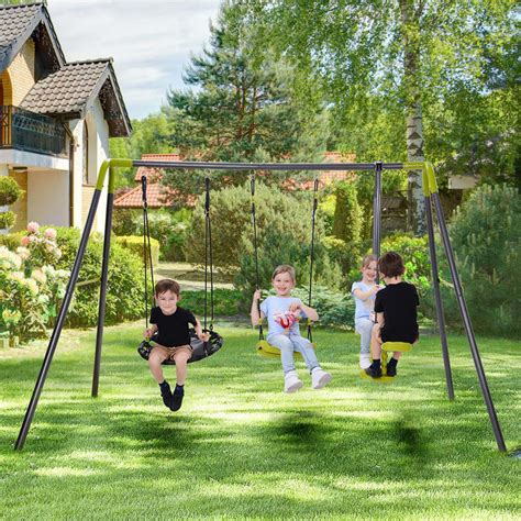 3 in 1 Metal Swing Set for Backyard, Outdoor Heavy-Duty Metal Playset for Kids, Height ...