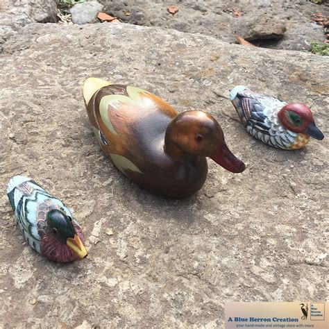 Vintage: Ducks, Hand-Painted Miniature Wooden Duck Decoys, Carved Bird Ornament, Small Bird ...