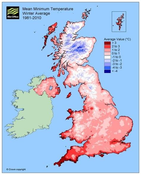 Map of the UK coloured to show average winter temperature, with shades of blue representing up ...