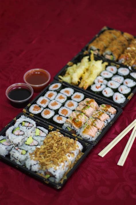 Take-away Delivery Sushi Box, Japanese, and Bowl of Soy Sauce Stock Photo - Image of hosomaki ...