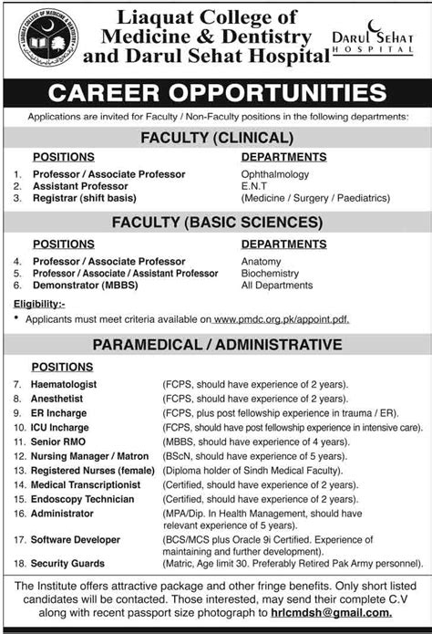 Liaquat College of Medicine Dentistry Career Opportunities