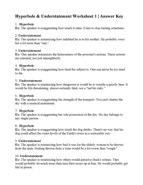 Hyperbole and Understatement Worksheet 1 | Answers