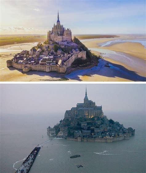 Mont Saint-Michel low tide vs. high tide | High tide low tide, Beautiful places, Amazing ...