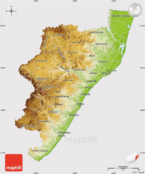 Physical Map of Kwazulu/Natal, cropped outside