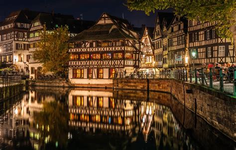 Wallpaper reflection, France, building, home, channel, night city, promenade, Strasbourg, France ...