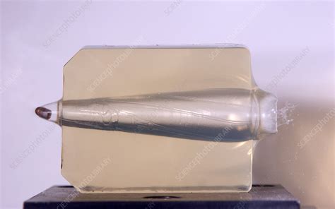 Bullet through Ballistic Gelatin - Stock Image - H630/0142 - Science Photo Library