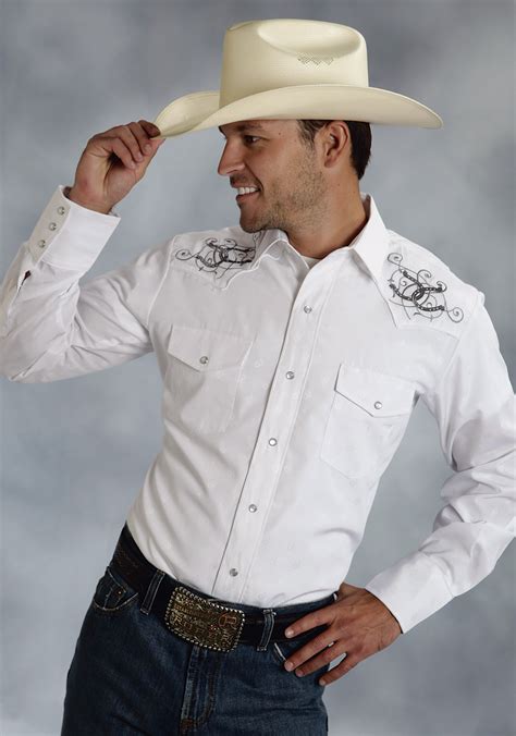 Roper® Mens White Embroidered Long Sleeve Pearl Snap Cowboy Shirt