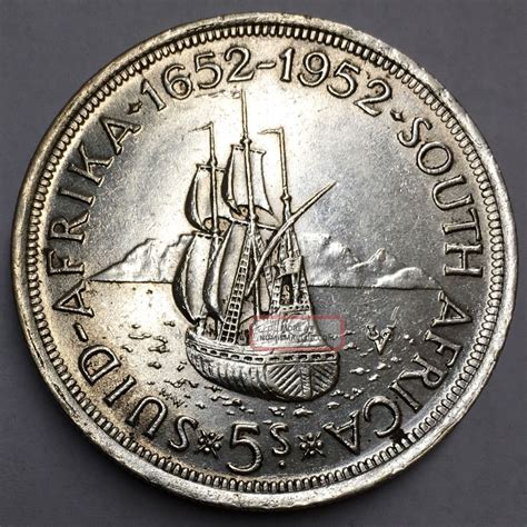 South Africa 1952 Five Shillings Silver Founding Of Cape Town Crown Coin.