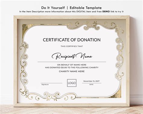 "Editable Certificate of Donation Template, Printable Charity Donation ...