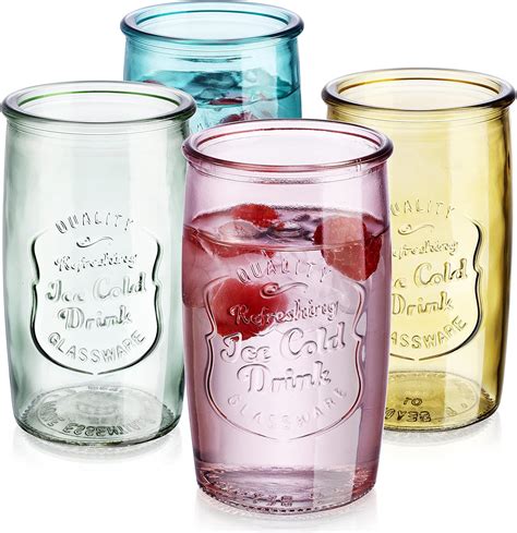 18 Oz Vintage Glass Tumblers Set of 4 - Multi-Color Glassware for ...