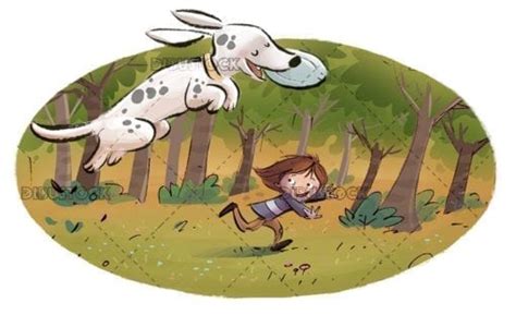 Dog and boy playing with frisbee in the field - Dibustock, Ilustraciones infantiles de Stock