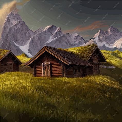 Premium Vector | Vector illustration small hut in forest against backdrop mountains forest hut ...