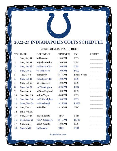 Printable 2022-2023 Indianapolis Colts Schedule