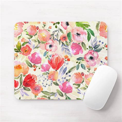 Watercolor Flowers Print Mouse Pad, Round or Rectangle Colorful Vintage Floral Mousepad Hand ...