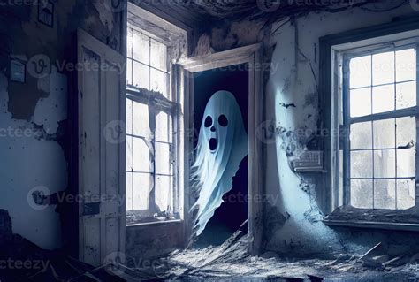 Spooky fabric ghost in the abandoned haunted house background ...