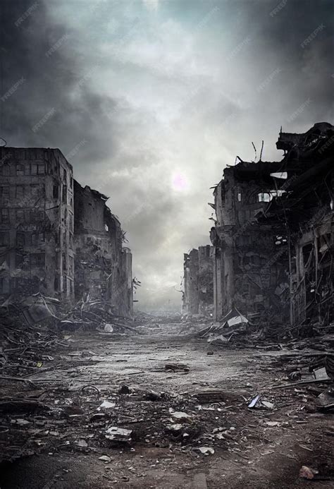 Premium Photo | A postapocalyptic ruined city. Destroyed buildings burntout vehicles and ruined ...