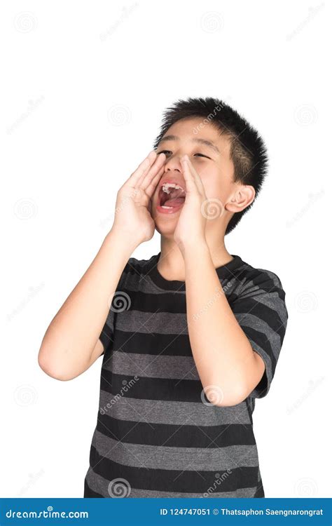 Asian Child Yelling, Screaming, Shouting, Hand on Mouth, Isolate Stock ...