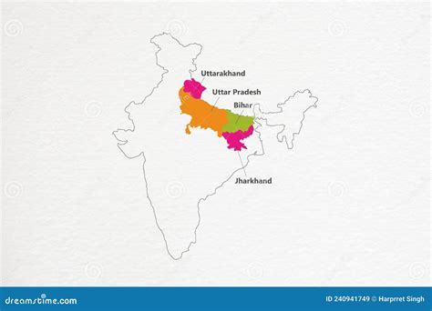 Uttarakhand, Uttar Pradesh, Bihar and Jharkhand State Highlighted on Indian Map on Textured ...