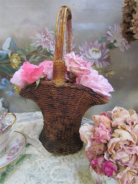 Antique Wicker Flower Basket 1910's RARE With Glass Liner